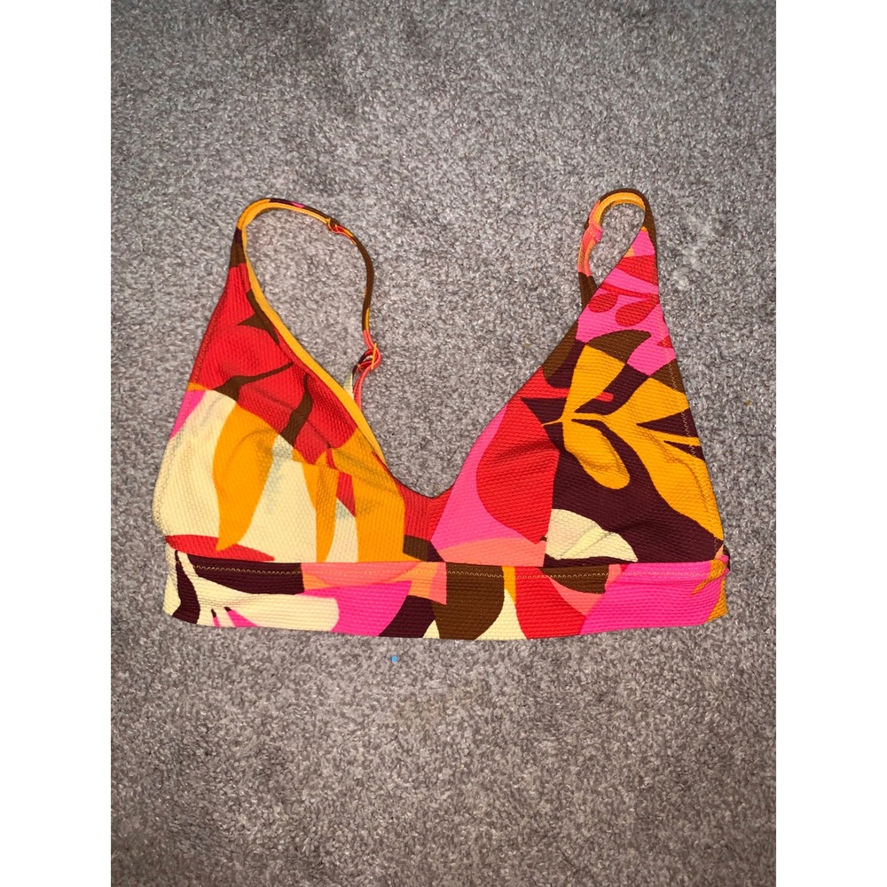 Aerie Scoop Bikini Top Medium Pink Orange Tropical Floral Textured Swimwear